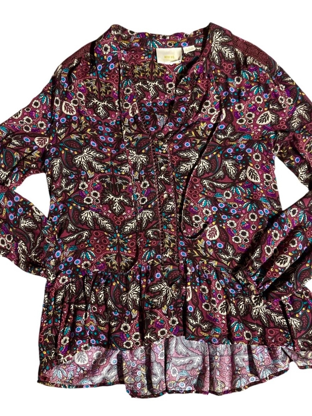 Maeve Anthropologie Burgundy Floral Ruffle Hem Button Up Blouse w/ crochet